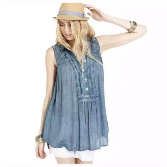 Free People Oversized Gauze Linen Flowy Collared Tank Top - Picture 2 of 7